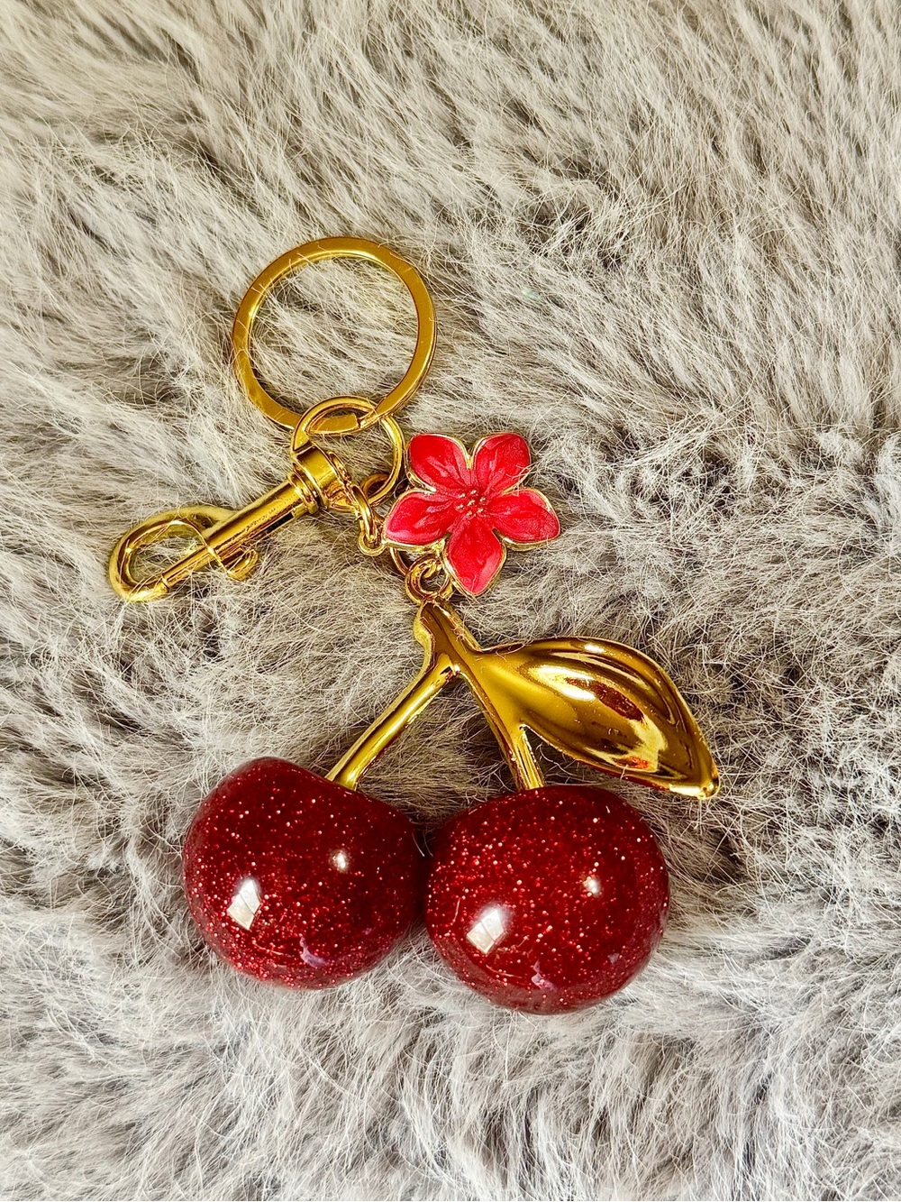 Red Sparkling Cherries & Flower Bag Charm/Keychain New